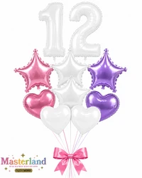 סידור בלוני הליום לבת מצווה - בלוני מיילר מספרים, לב וכוכב - בצבעי סגול, ורוד ולבן